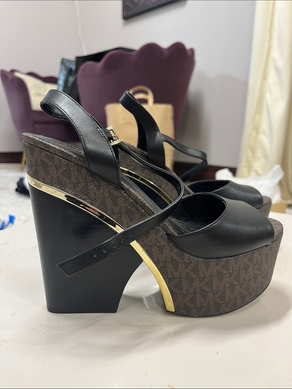 Michael Kors Black/Brown Logo-Print Platform Wedge Sandals with Gold Accent